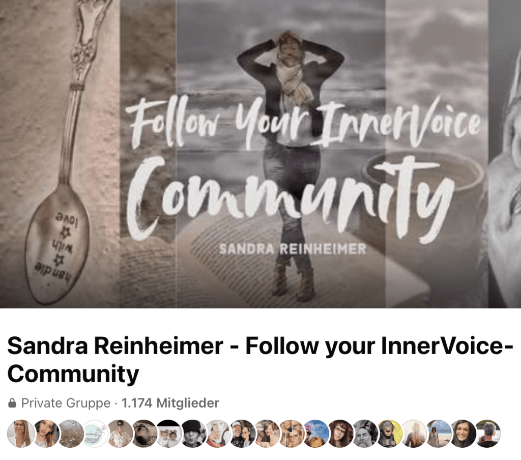 Grafik für die private Facebook-Gruppe 'Follow your Inner Voice' von Sandra Reinheimer mit einer Darstellung einer Löffel mit der Aufschrift 'handle with love', einer Person in der Natur und verschiedenen Symbolen für Gemeinschaft.